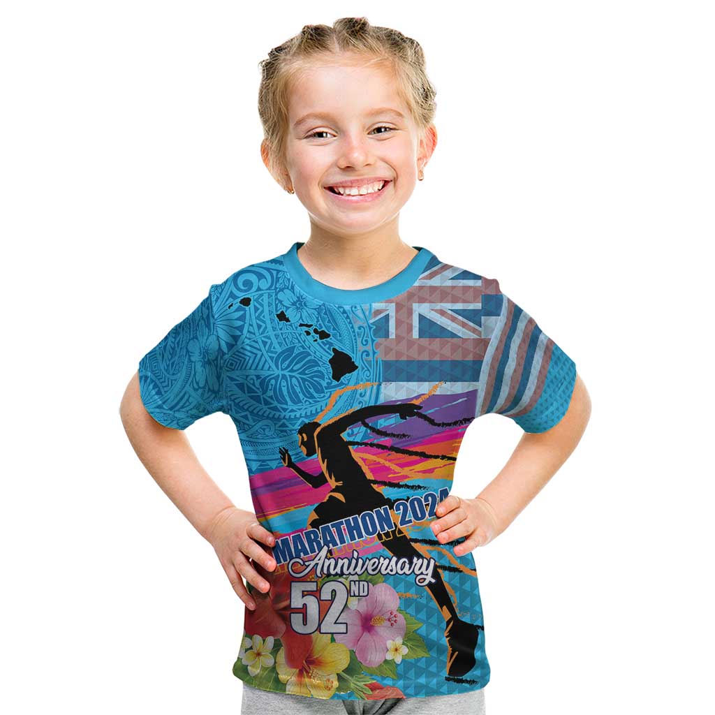 Honolulu Anniversary 52nd Running Kid T Shirt Marathon Competition Kakau Pattern Blue Color
