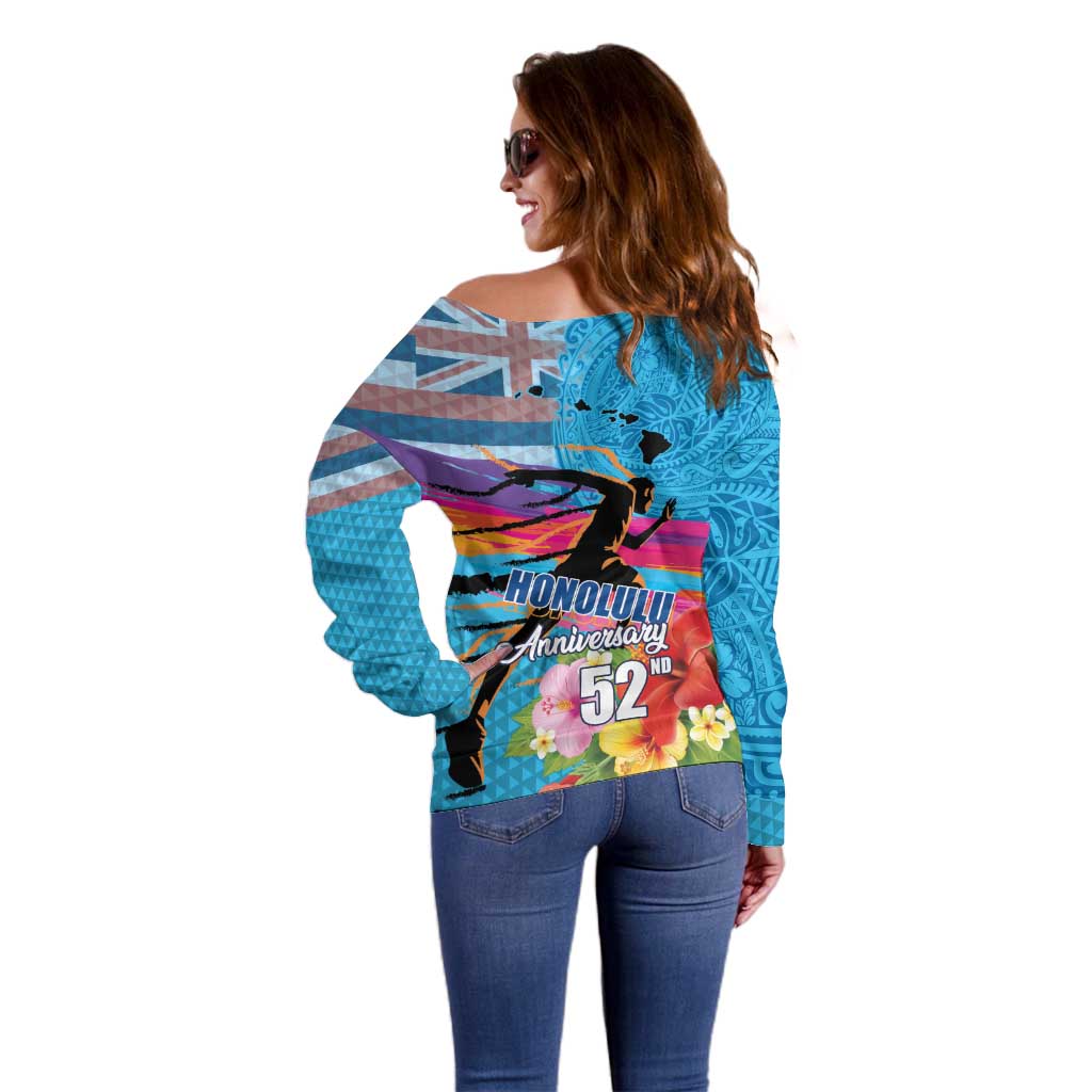 Honolulu Anniversary 52nd Running Off Shoulder Sweater Marathon Competition Kakau Pattern Blue Color