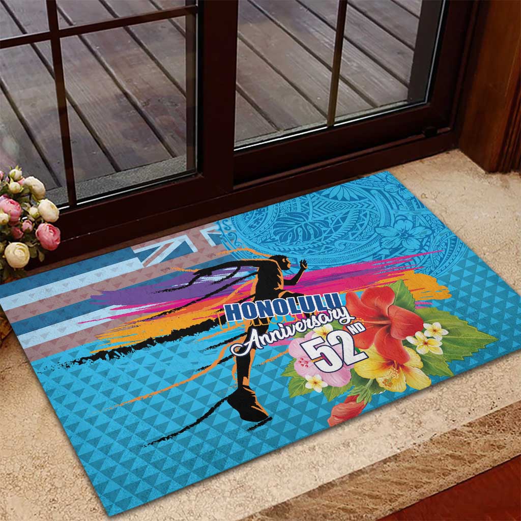 Honolulu Anniversary 52nd Running Rubber Doormat Marathon Competition Kakau Pattern Blue Color