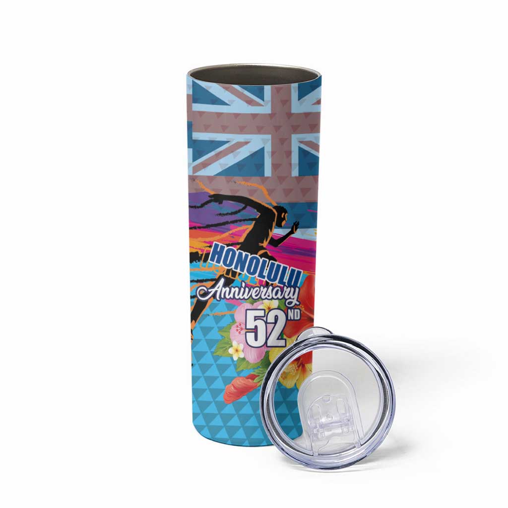 Honolulu Anniversary 52nd Running Skinny Tumbler Marathon Competition Kakau Pattern Blue Color