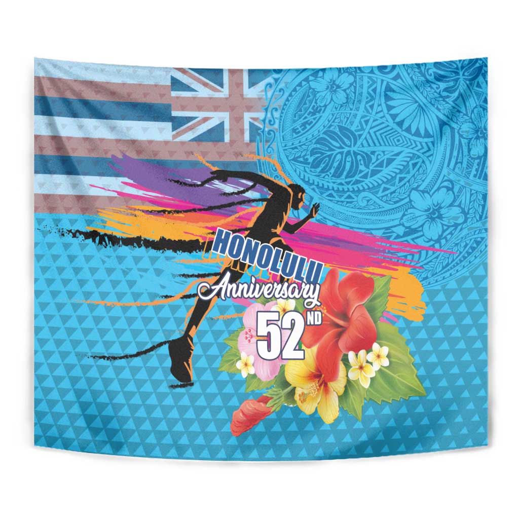 Honolulu Anniversary 52nd Running Tapestry Marathon Competition Kakau Pattern Blue Color