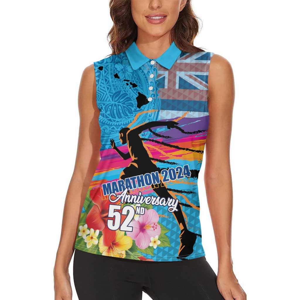 Honolulu Anniversary 52nd Running Women Sleeveless Polo Shirt Marathon Competition Kakau Pattern Blue Color