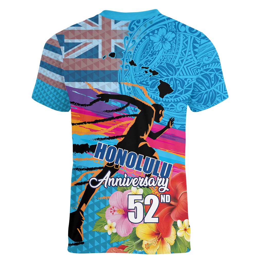 Honolulu Anniversary 52nd Running Women V-Neck T-Shirt Marathon Competition Kakau Pattern Blue Color
