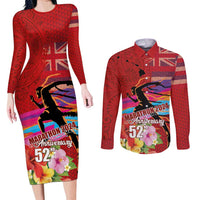 Honolulu Anniversary 52nd Running Couples Matching Long Sleeve Bodycon Dress and Long Sleeve Button Shirt Marathon Competition Kakau Pattern Red Color