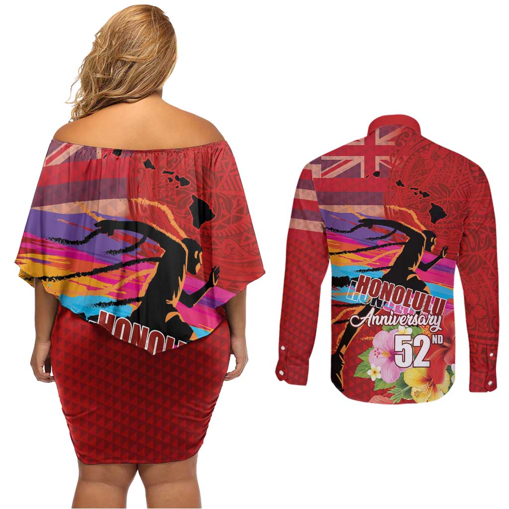 Honolulu Anniversary 52nd Running Couples Matching Off Shoulder Short Dress and Long Sleeve Button Shirt Marathon Competition Kakau Pattern Red Color