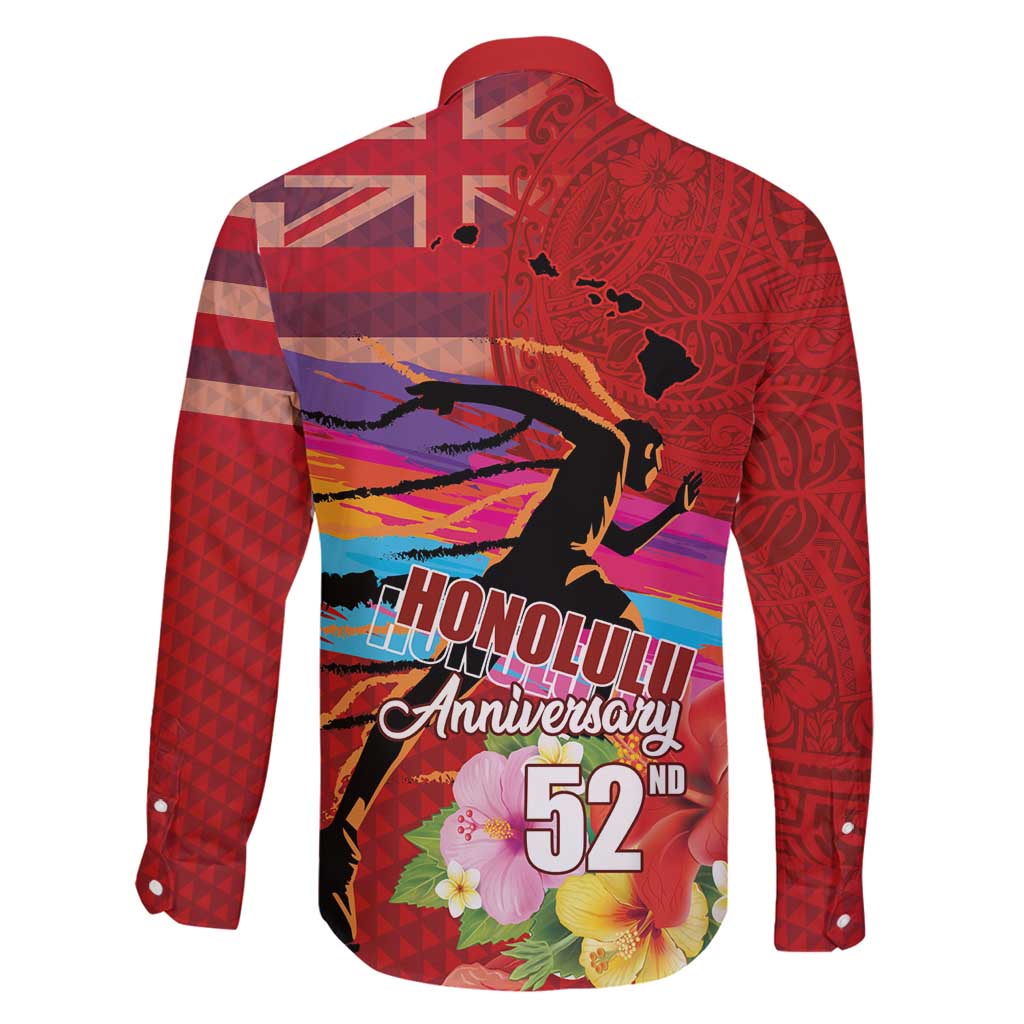 Honolulu Anniversary 52nd Running Family Matching Long Sleeve Bodycon Dress and Hawaiian Shirt Marathon Competition Kakau Pattern Red Color LT03 - Polynesian Pride