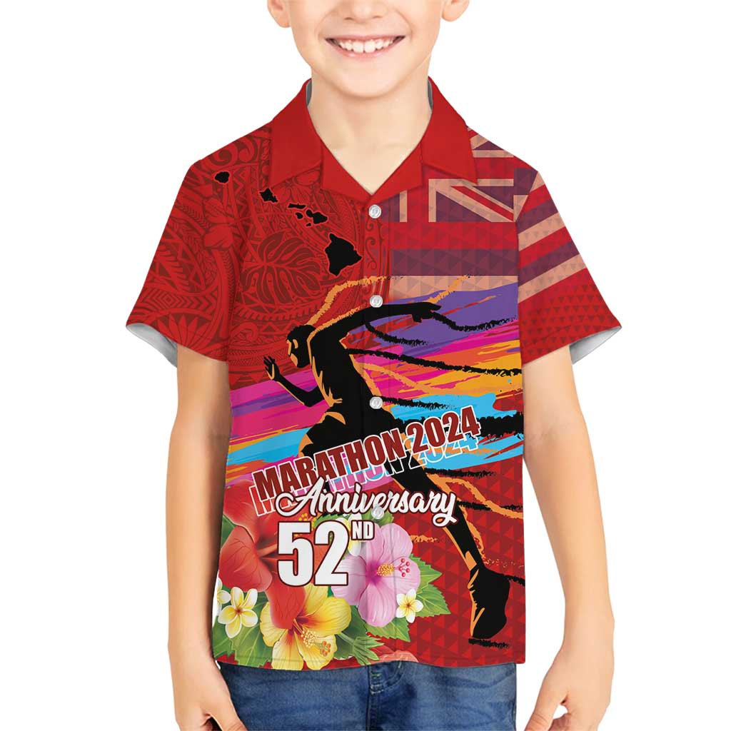 Honolulu Anniversary 52nd Running Family Matching Long Sleeve Bodycon Dress and Hawaiian Shirt Marathon Competition Kakau Pattern Red Color LT03 Son's Shirt Red - Polynesian Pride