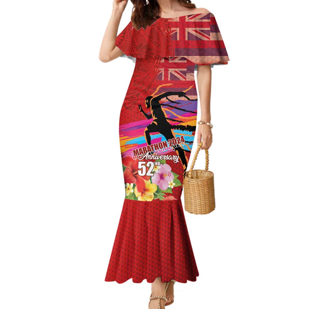 Honolulu Anniversary 52nd Running Family Matching Mermaid Dress and Hawaiian Shirt Marathon Competition Kakau Pattern Red Color LT03 Mom's Dress Red - Polynesian Pride