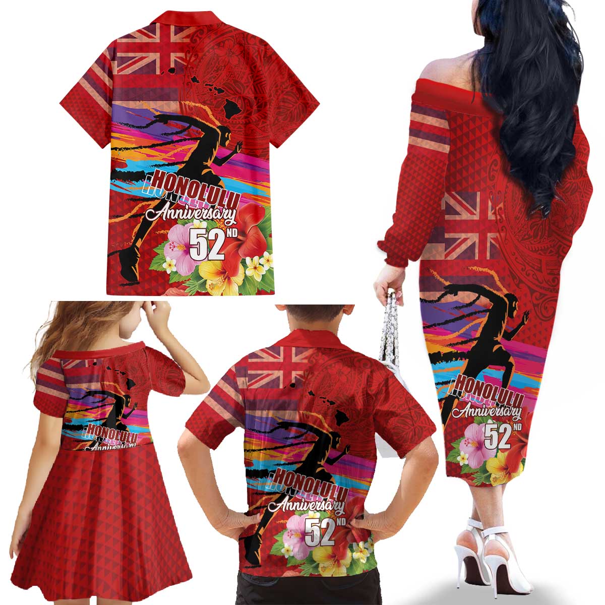Honolulu Anniversary 52nd Running Family Matching Off The Shoulder Long Sleeve Dress and Hawaiian Shirt Marathon Competition Kakau Pattern Red Color LT03 - Polynesian Pride