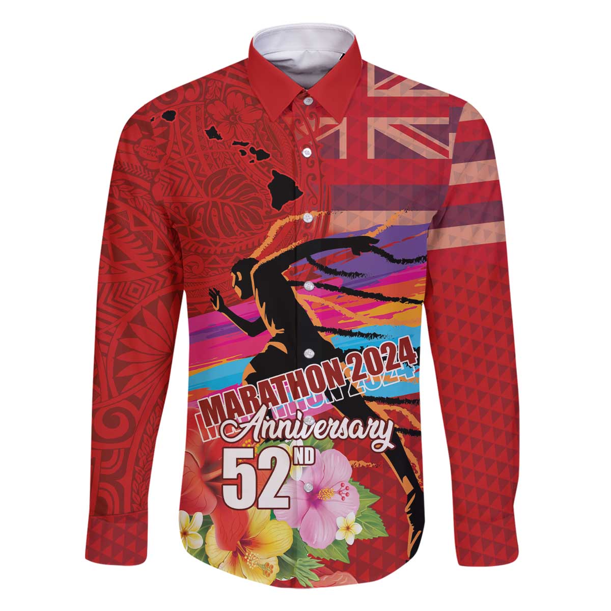 Honolulu Anniversary 52nd Running Family Matching Off The Shoulder Long Sleeve Dress and Hawaiian Shirt Marathon Competition Kakau Pattern Red Color LT03 Dad's Shirt - Long Sleeve Red - Polynesian Pride