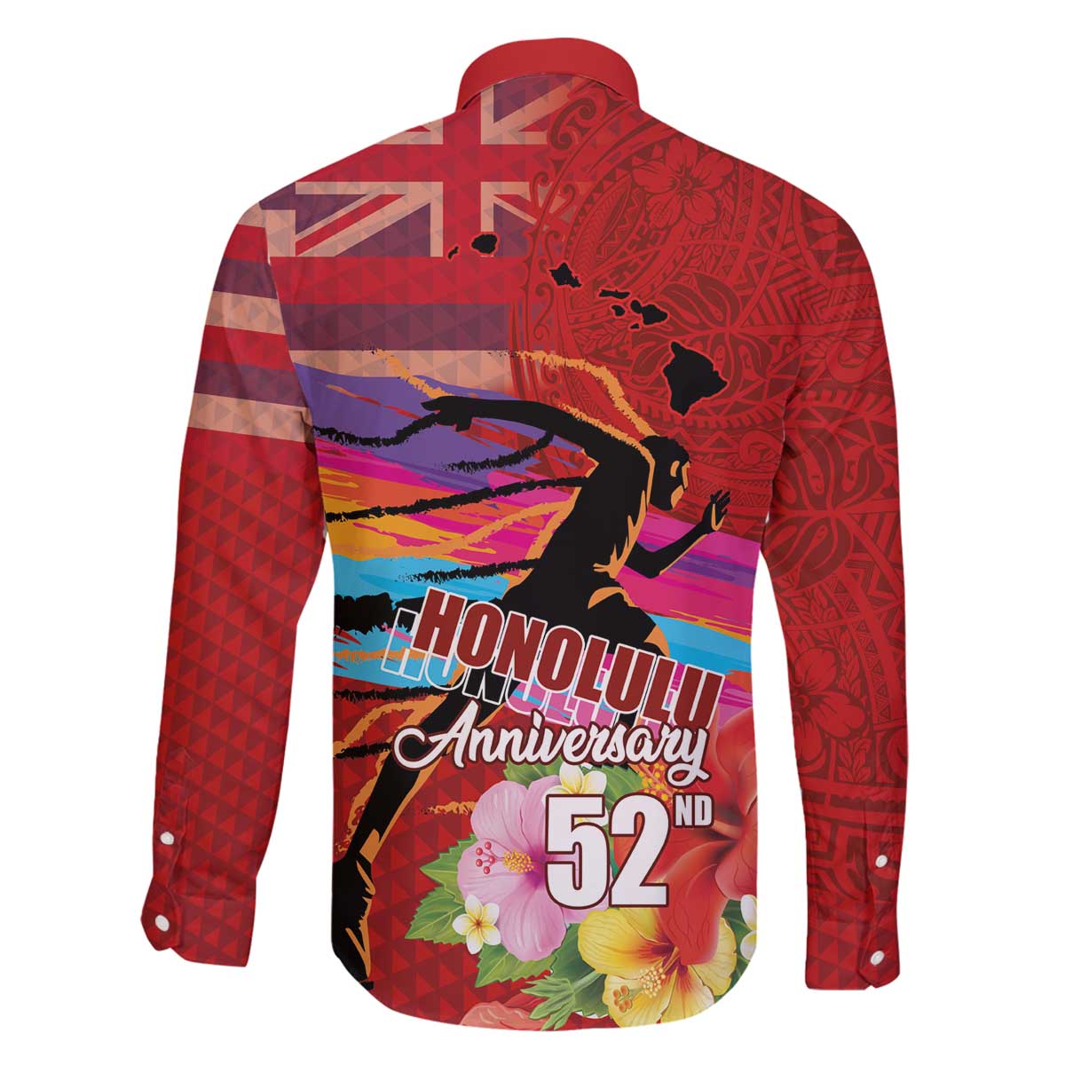 Honolulu Anniversary 52nd Running Family Matching Off The Shoulder Long Sleeve Dress and Hawaiian Shirt Marathon Competition Kakau Pattern Red Color LT03 - Polynesian Pride
