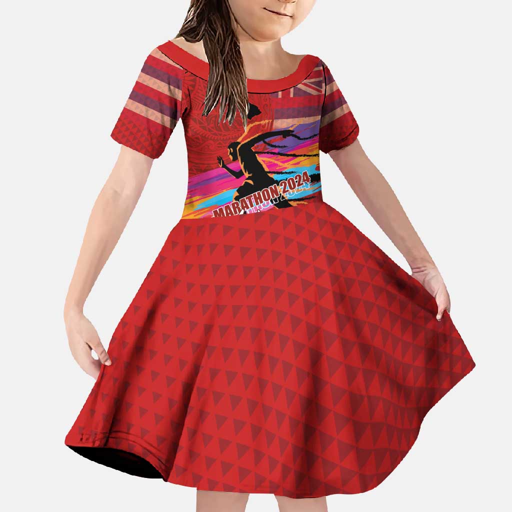 Honolulu Anniversary 52nd Running Family Matching Off Shoulder Maxi Dress and Hawaiian Shirt Marathon Competition Kakau Pattern Red Color