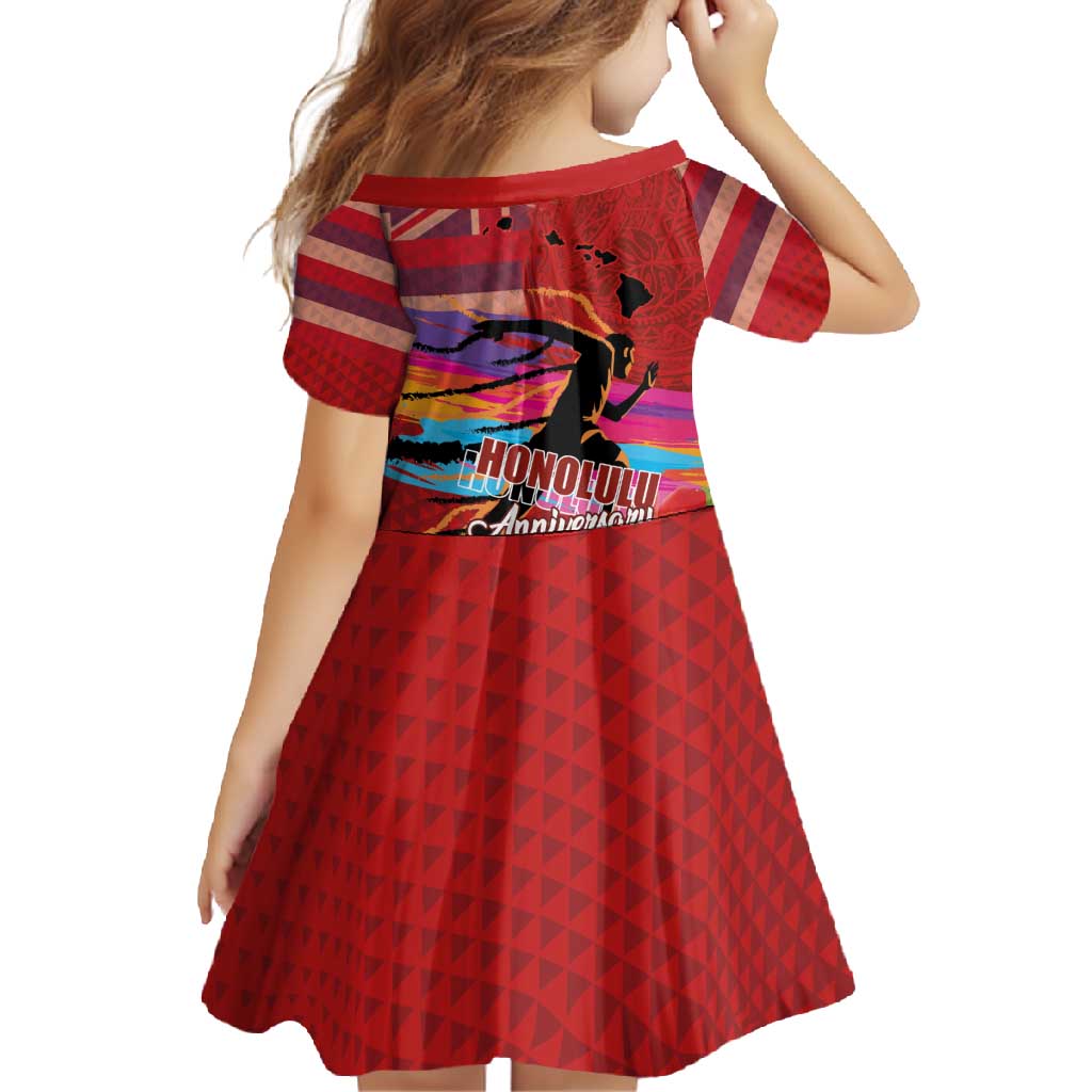 Honolulu Anniversary 52nd Running Family Matching Off Shoulder Maxi Dress and Hawaiian Shirt Marathon Competition Kakau Pattern Red Color