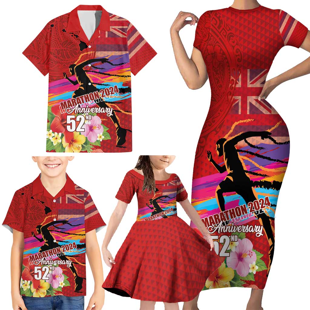 Honolulu Anniversary 52nd Running Family Matching Short Sleeve Bodycon Dress and Hawaiian Shirt Marathon Competition Kakau Pattern Red Color LT03 - Polynesian Pride