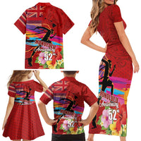 Honolulu Anniversary 52nd Running Family Matching Short Sleeve Bodycon Dress and Hawaiian Shirt Marathon Competition Kakau Pattern Red Color LT03 - Polynesian Pride