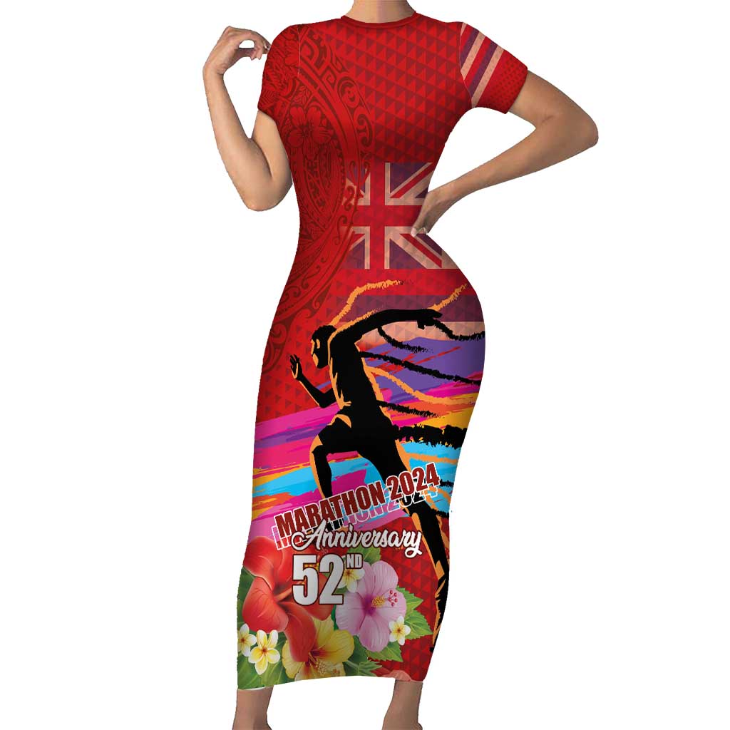 Honolulu Anniversary 52nd Running Family Matching Short Sleeve Bodycon Dress and Hawaiian Shirt Marathon Competition Kakau Pattern Red Color LT03 Mom's Dress Red - Polynesian Pride