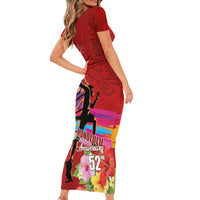 Honolulu Anniversary 52nd Running Family Matching Short Sleeve Bodycon Dress and Hawaiian Shirt Marathon Competition Kakau Pattern Red Color LT03 - Polynesian Pride