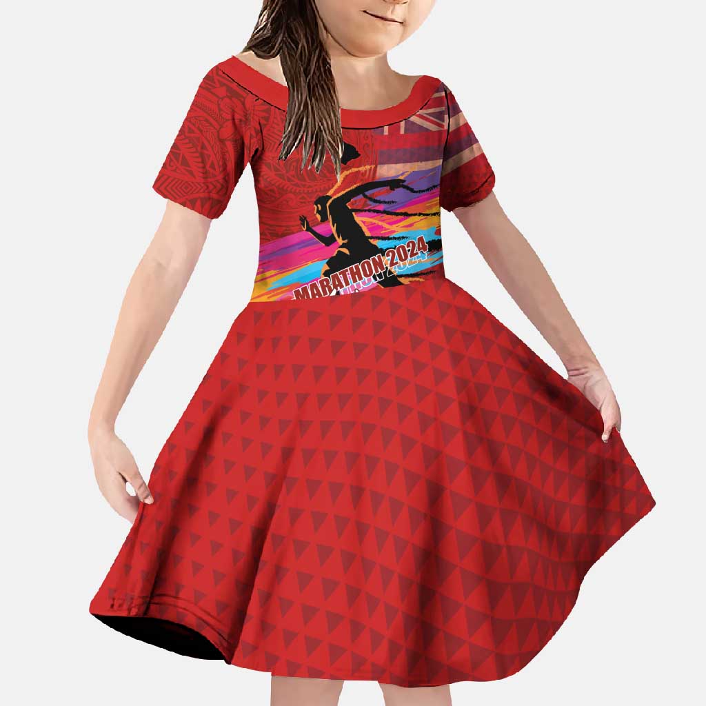 Honolulu Anniversary 52nd Running Family Matching Tank Maxi Dress and Hawaiian Shirt Marathon Competition Kakau Pattern Red Color LT03 Daughter's Dress Red - Polynesian Pride