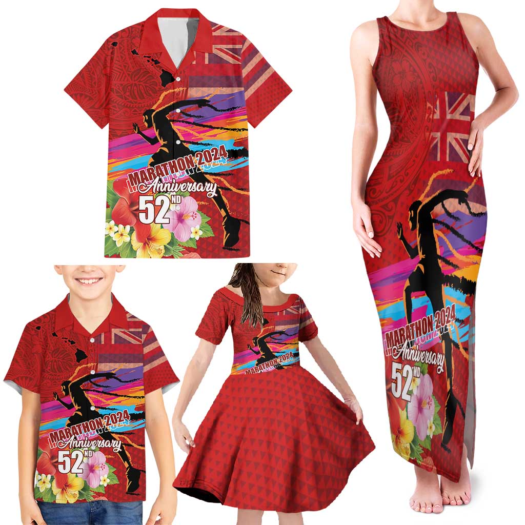 Honolulu Anniversary 52nd Running Family Matching Tank Maxi Dress and Hawaiian Shirt Marathon Competition Kakau Pattern Red Color LT03 - Polynesian Pride