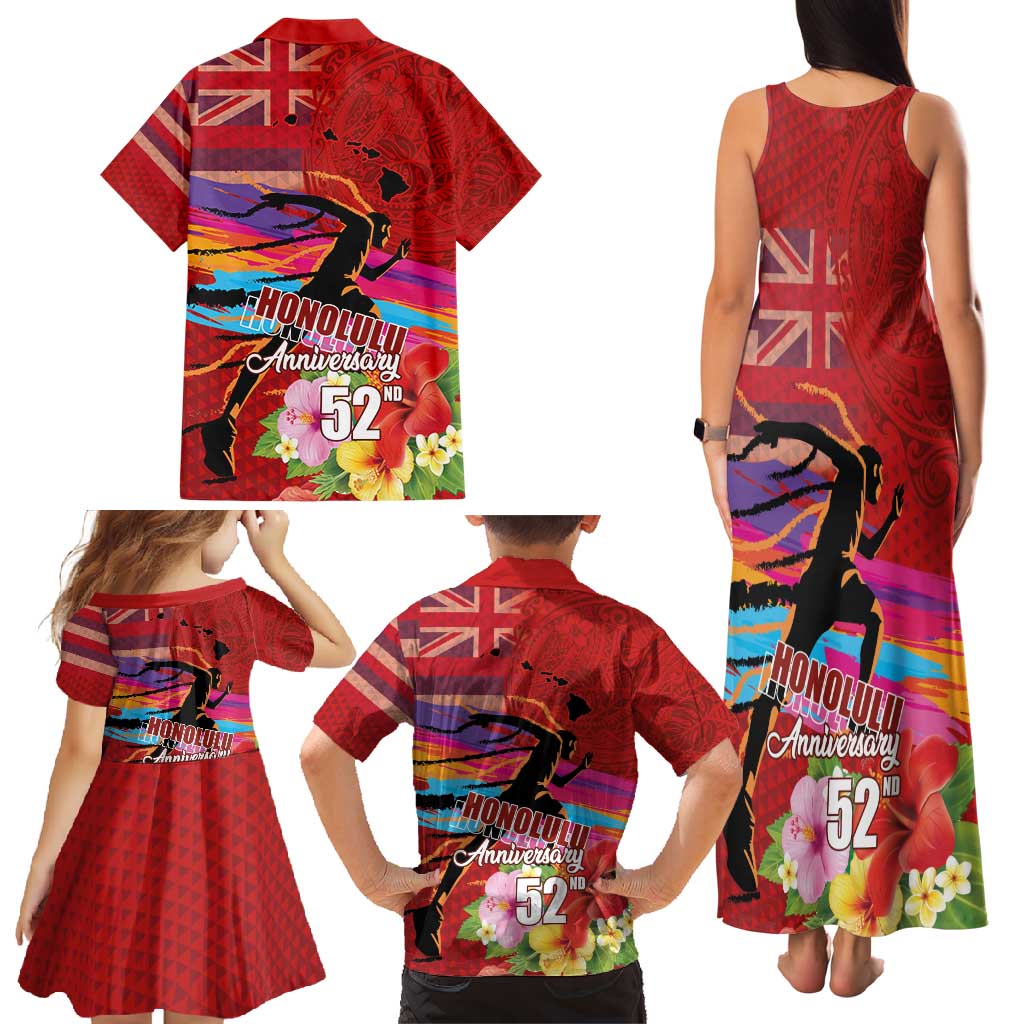 Honolulu Anniversary 52nd Running Family Matching Tank Maxi Dress and Hawaiian Shirt Marathon Competition Kakau Pattern Red Color LT03 - Polynesian Pride