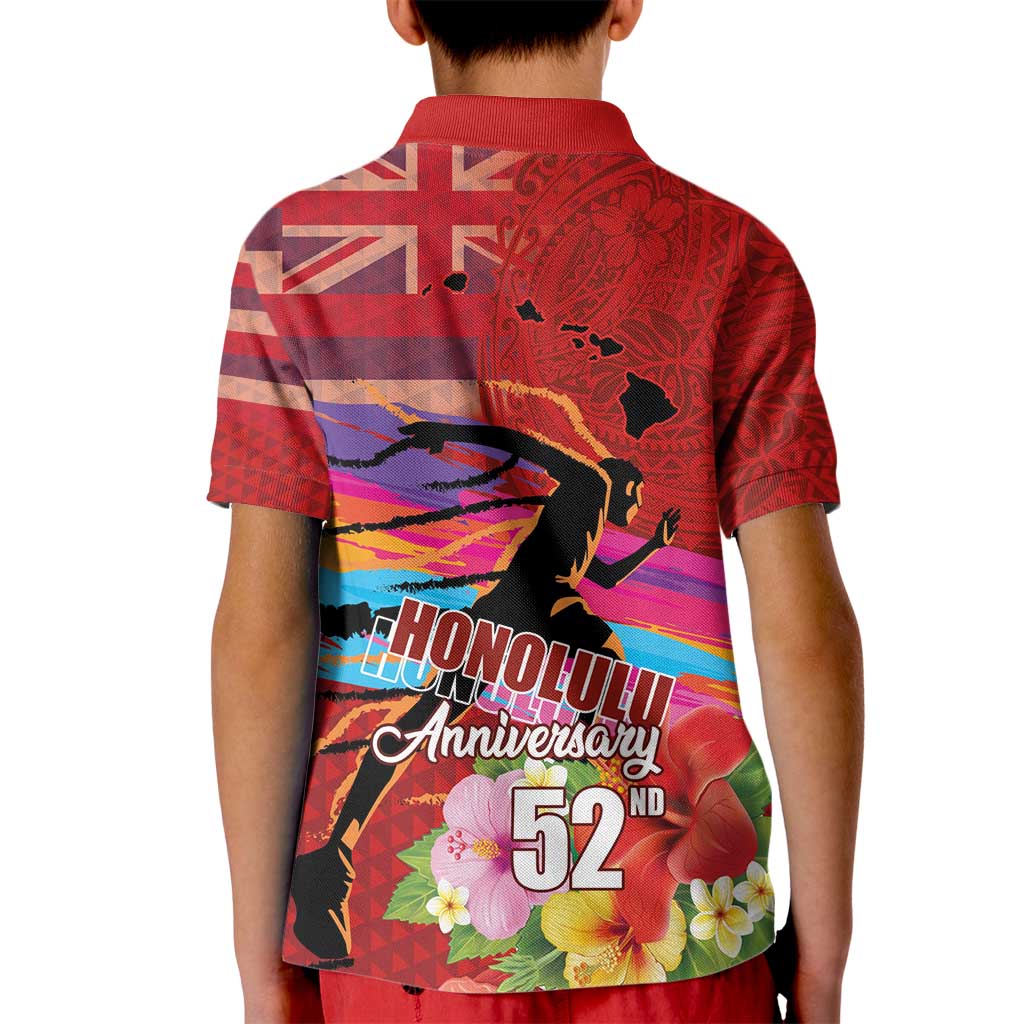 Honolulu Anniversary 52nd Running Kid Polo Shirt Marathon Competition Kakau Pattern Red Color