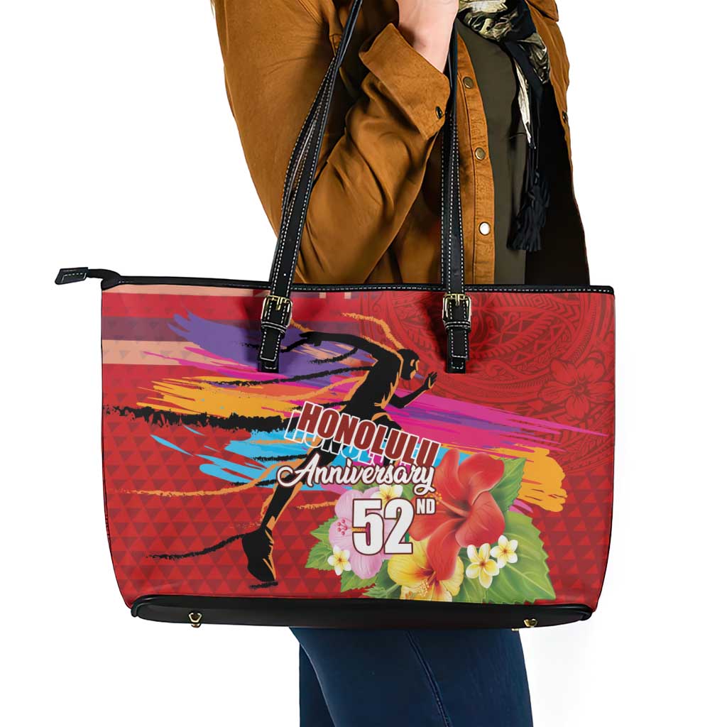 Honolulu Anniversary 52nd Running Leather Tote Bag Marathon Competition Kakau Pattern Red Color
