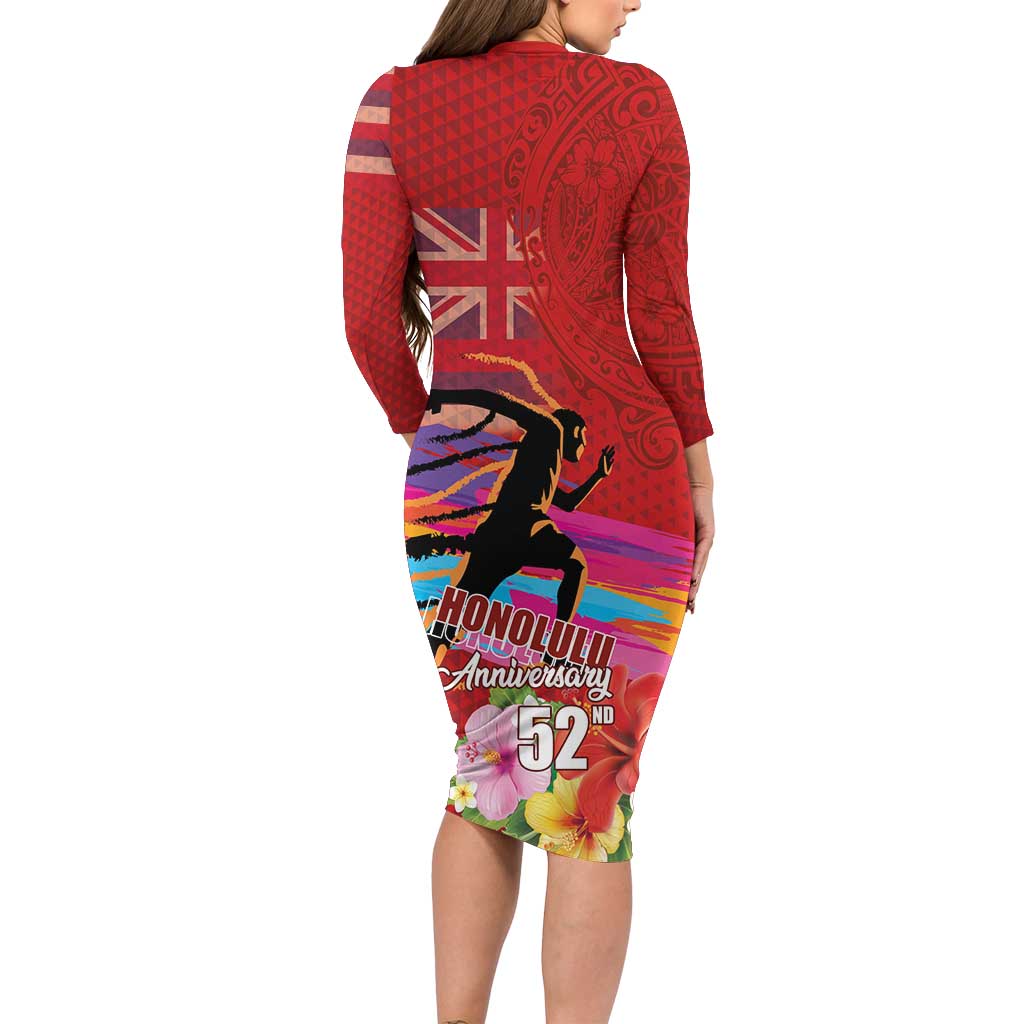 Honolulu Anniversary 52nd Running Long Sleeve Bodycon Dress Marathon Competition Kakau Pattern Red Color