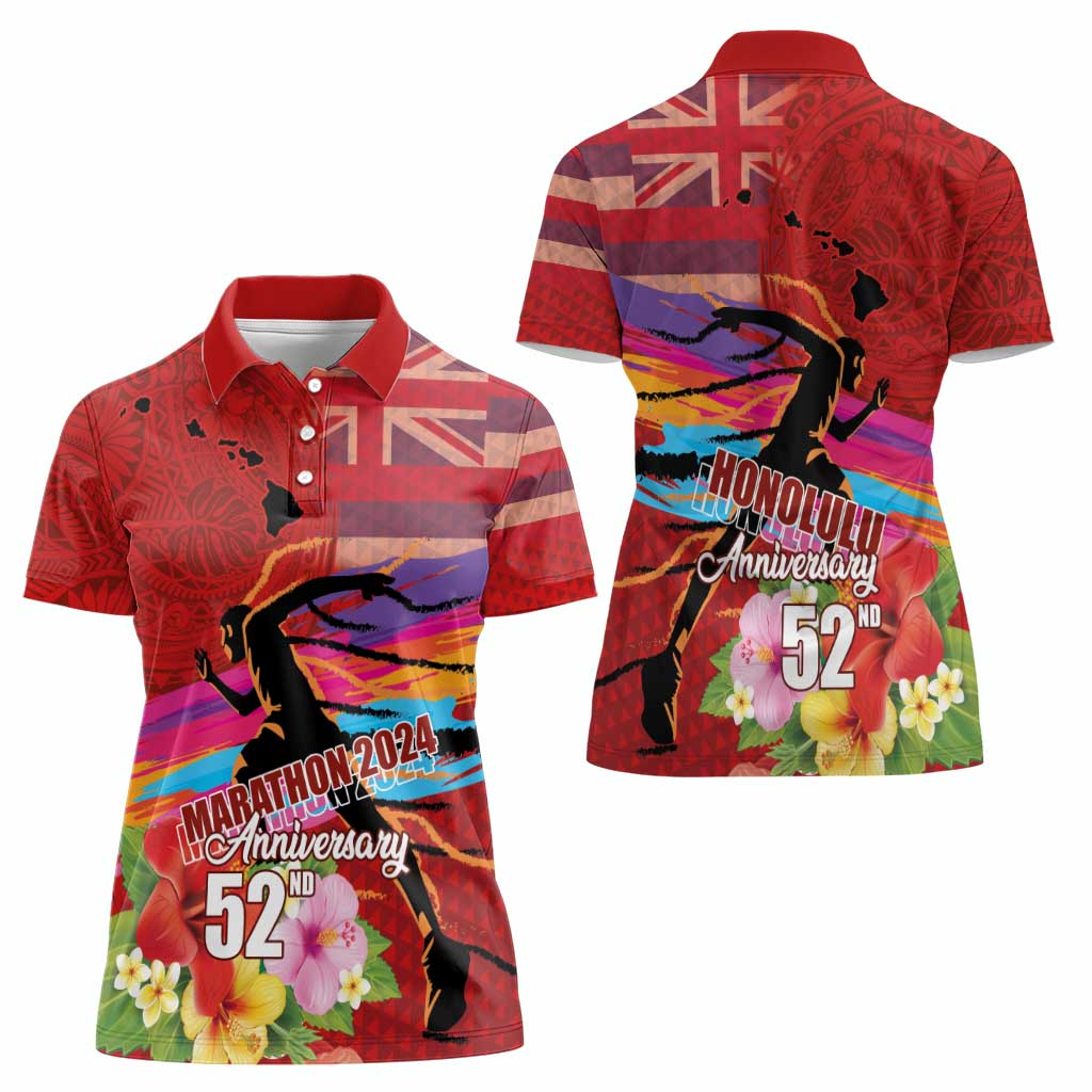 Honolulu Anniversary 52nd Running Women Polo Shirt Marathon Competition Kakau Pattern Red Color LT03 - Polynesian Pride