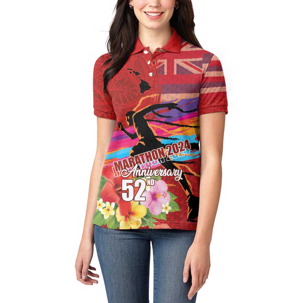 Honolulu Anniversary 52nd Running Women Polo Shirt Marathon Competition Kakau Pattern Red Color LT03 - Polynesian Pride