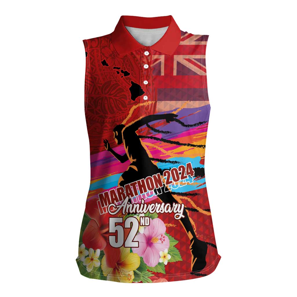Honolulu Anniversary 52nd Running Women Sleeveless Polo Shirt Marathon Competition Kakau Pattern Red Color