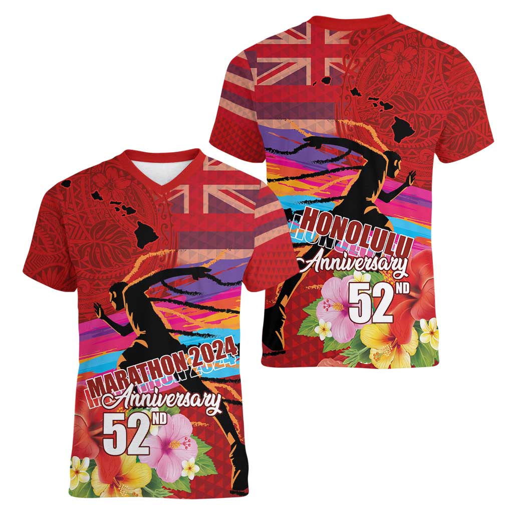 Honolulu Anniversary 52nd Running Women V-Neck T-Shirt Marathon Competition Kakau Pattern Red Color