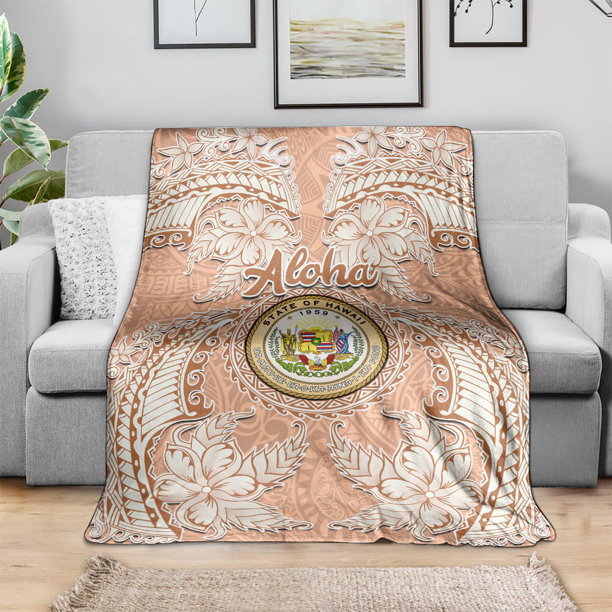 Hawaii Tropical Flowers with Kakau Tribal Blanket Peach Fuzz Color LT03 - Polynesian Pride