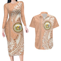 Hawaii Tropical Flowers with Kakau Tribal Couples Matching Long Sleeve Bodycon Dress and Hawaiian Shirt Peach Fuzz Color LT03 Peach Fuzz - Polynesian Pride