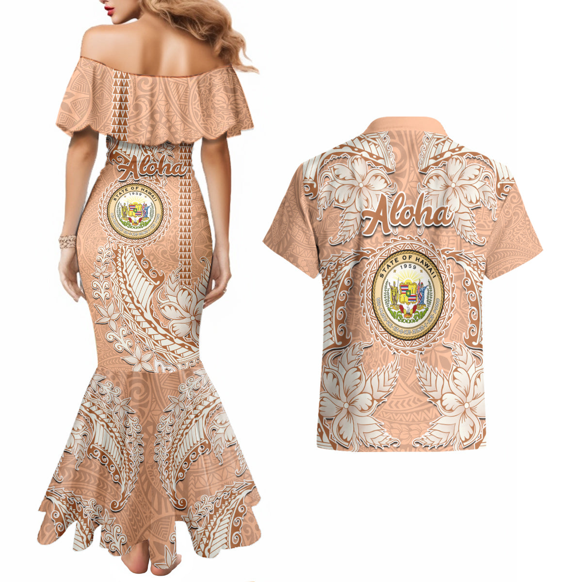 Hawaii Tropical Flowers with Kakau Tribal Couples Matching Mermaid Dress and Hawaiian Shirt Peach Fuzz Color LT03 - Polynesian Pride
