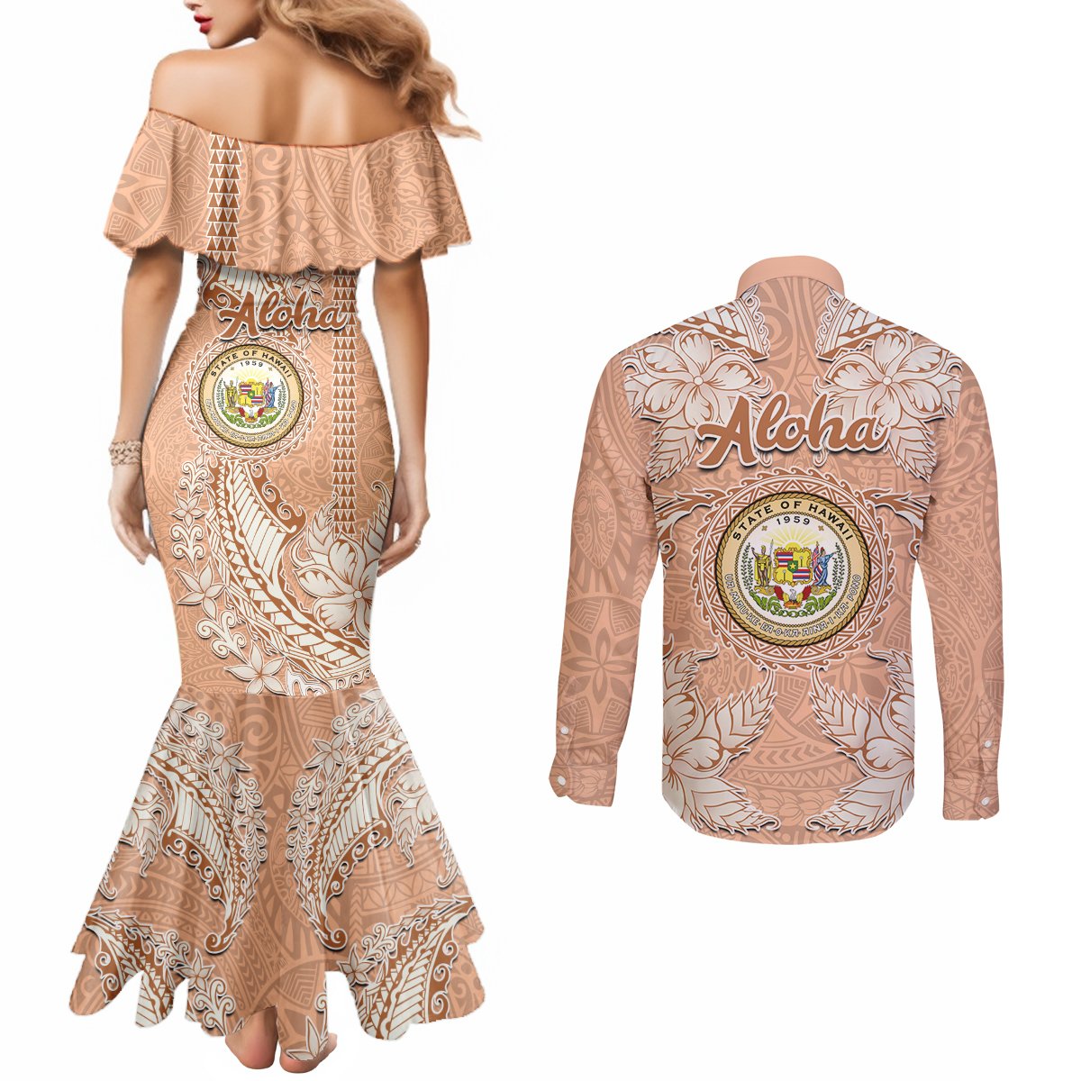 Hawaii Tropical Flowers with Kakau Tribal Couples Matching Mermaid Dress and Long Sleeve Button Shirt Peach Fuzz Color LT03 - Polynesian Pride
