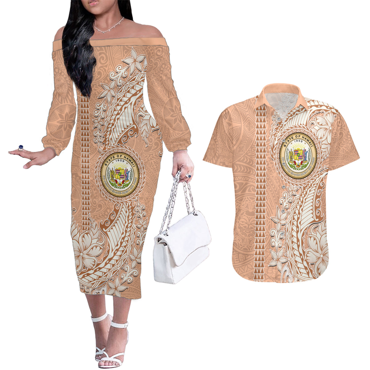 Hawaii Tropical Flowers with Kakau Tribal Couples Matching Off The Shoulder Long Sleeve Dress and Hawaiian Shirt Peach Fuzz Color LT03 Peach Fuzz - Polynesian Pride