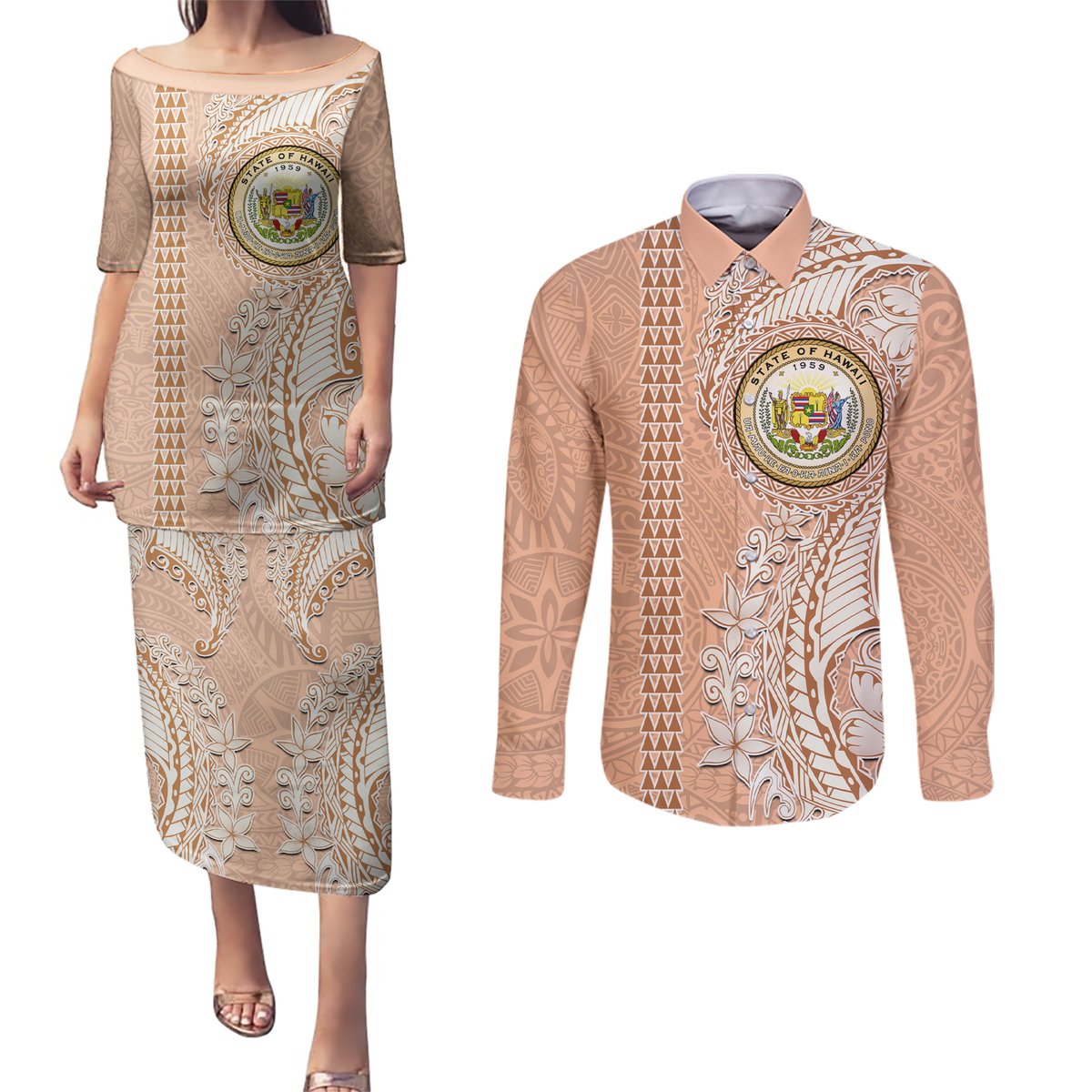 Hawaii Tropical Flowers with Kakau Tribal Couples Matching Puletasi Dress and Long Sleeve Button Shirt Peach Fuzz Color LT03 Peach Fuzz - Polynesian Pride