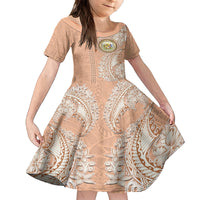 Hawaii Tropical Flowers with Kakau Tribal Family Matching Long Sleeve Bodycon Dress and Hawaiian Shirt Peach Fuzz Color LT03 Daughter's Dress Peach Fuzz - Polynesian Pride