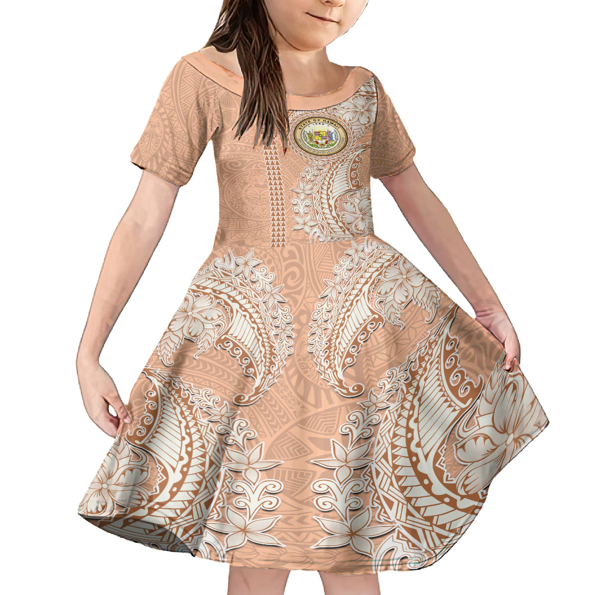 Hawaii Tropical Flowers with Kakau Tribal Family Matching Off Shoulder Long Sleeve Dress and Hawaiian Shirt Peach Fuzz Color LT03 Daughter's Dress Peach Fuzz - Polynesian Pride