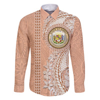 Hawaii Tropical Flowers with Kakau Tribal Family Matching Short Sleeve Bodycon Dress and Hawaiian Shirt Peach Fuzz Color LT03 Dad's Shirt - Long Sleeve Peach Fuzz - Polynesian Pride