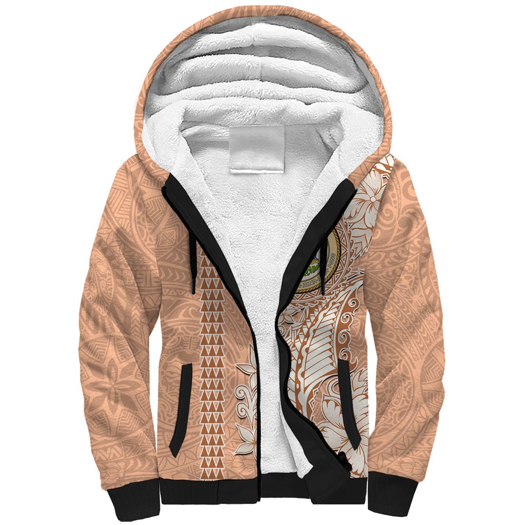 Hawaii Tropical Flowers with Kakau Tribal Sherpa Hoodie Peach Fuzz Color LT03 Unisex Peach Fuzz - Polynesian Pride