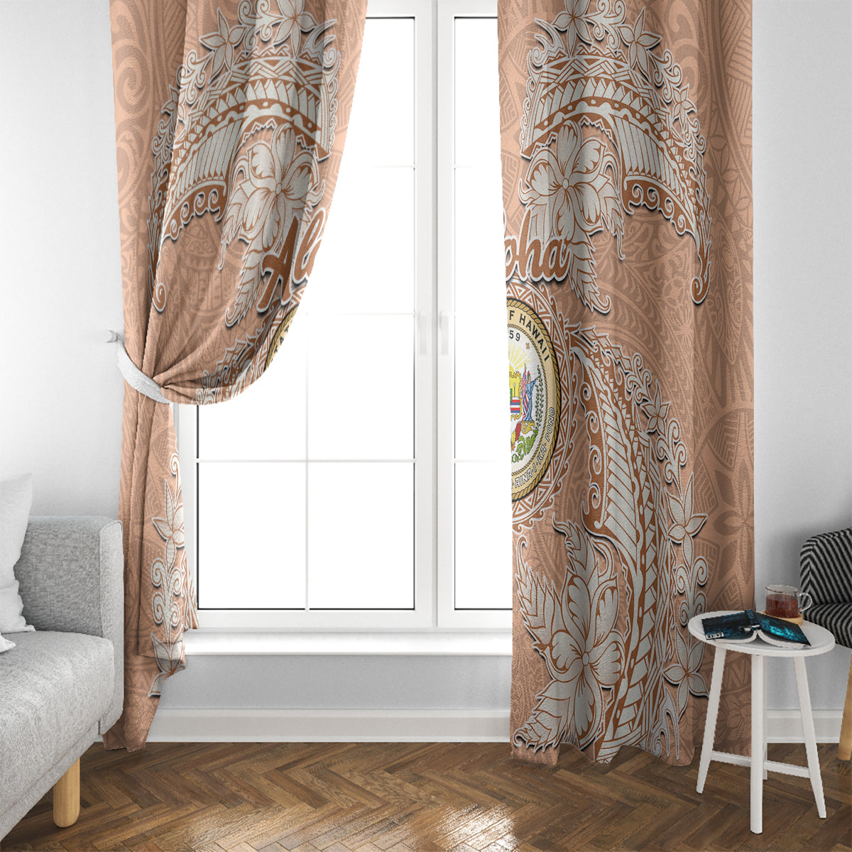 Hawaii Tropical Flowers with Kakau Tribal Window Curtain Peach Fuzz Color LT03 - Polynesian Pride