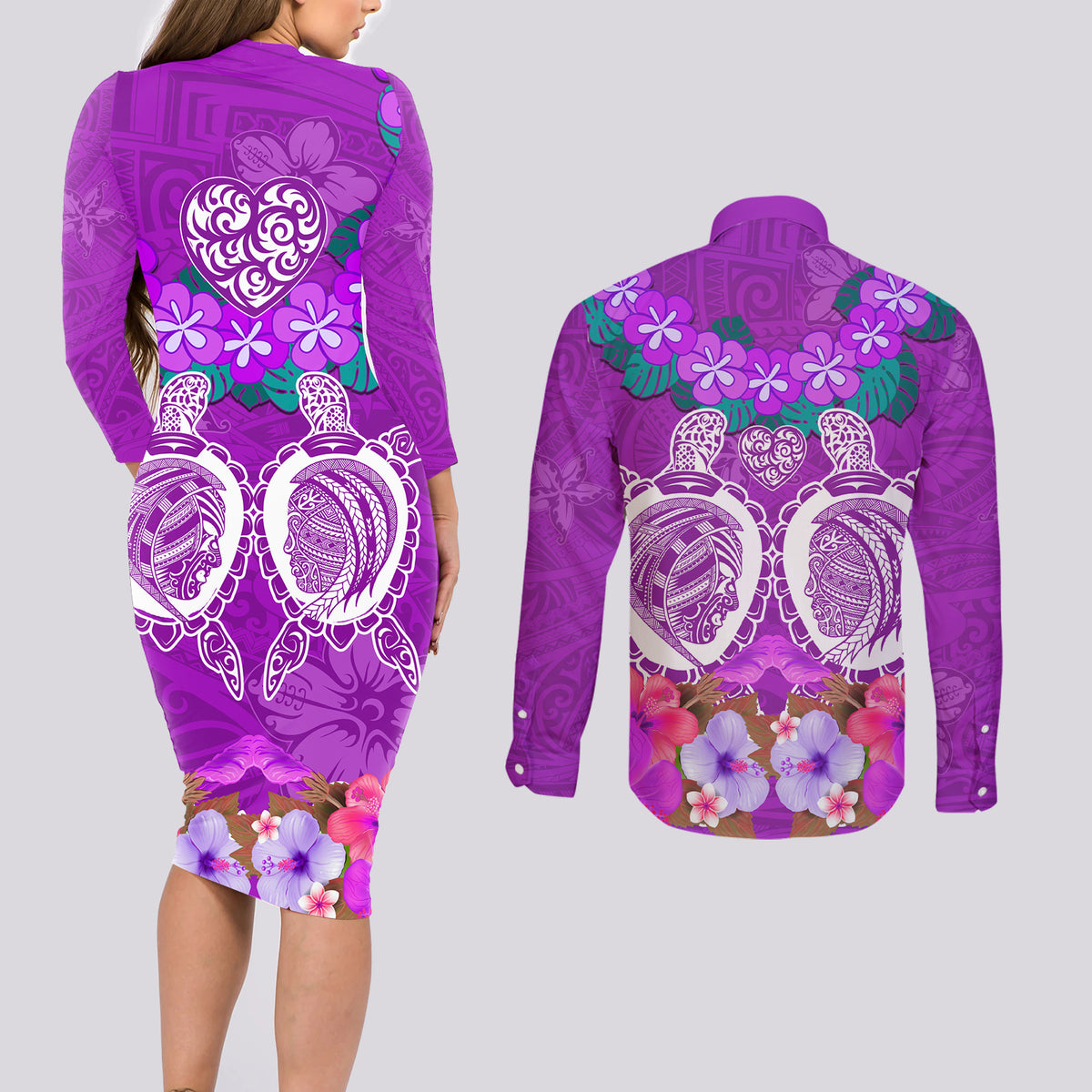 Polynesian Valentine Day Couples Matching Long Sleeve Bodycon Dress and Long Sleeve Button Shirt Love Couple Turtle Maori Hibiscus Purple LT03 - Polynesian Pride