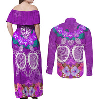 Polynesian Valentine Day Couples Matching Off Shoulder Maxi Dress and Long Sleeve Button Shirt Love Couple Turtle Maori Hibiscus Purple LT03 - Polynesian Pride