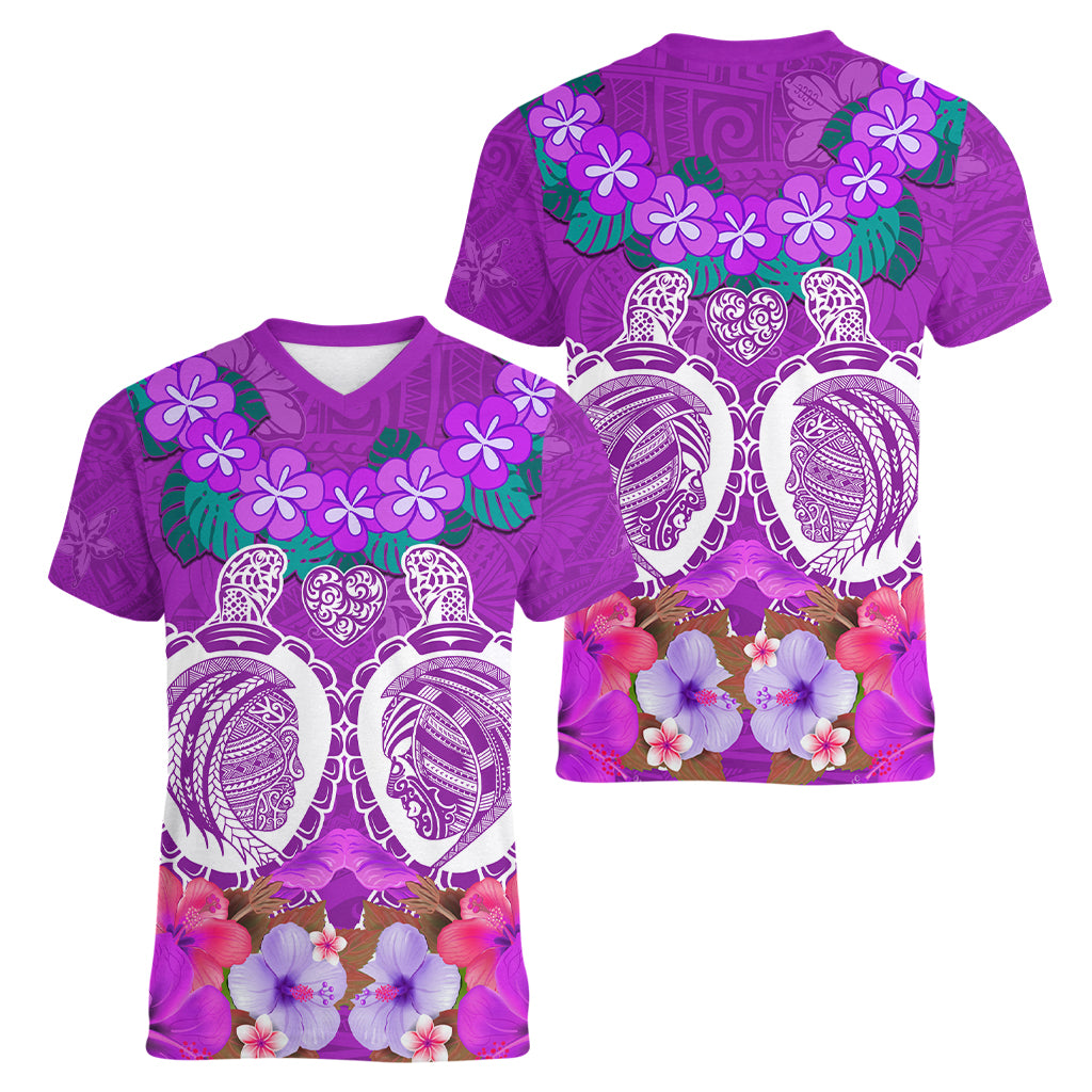 Polynesian Valentine Day Women V Neck T Shirt Love Couple Turtle Maori Hibiscus Purple LT03 - Polynesian Pride
