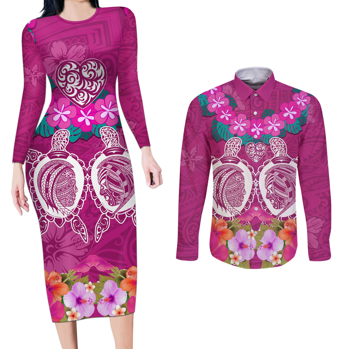 Polynesian Valentine Day Couples Matching Long Sleeve Bodycon Dress and Long Sleeve Button Shirt Love Couple Turtle Maori Hibiscus Pink LT03 Pink - Polynesian Pride