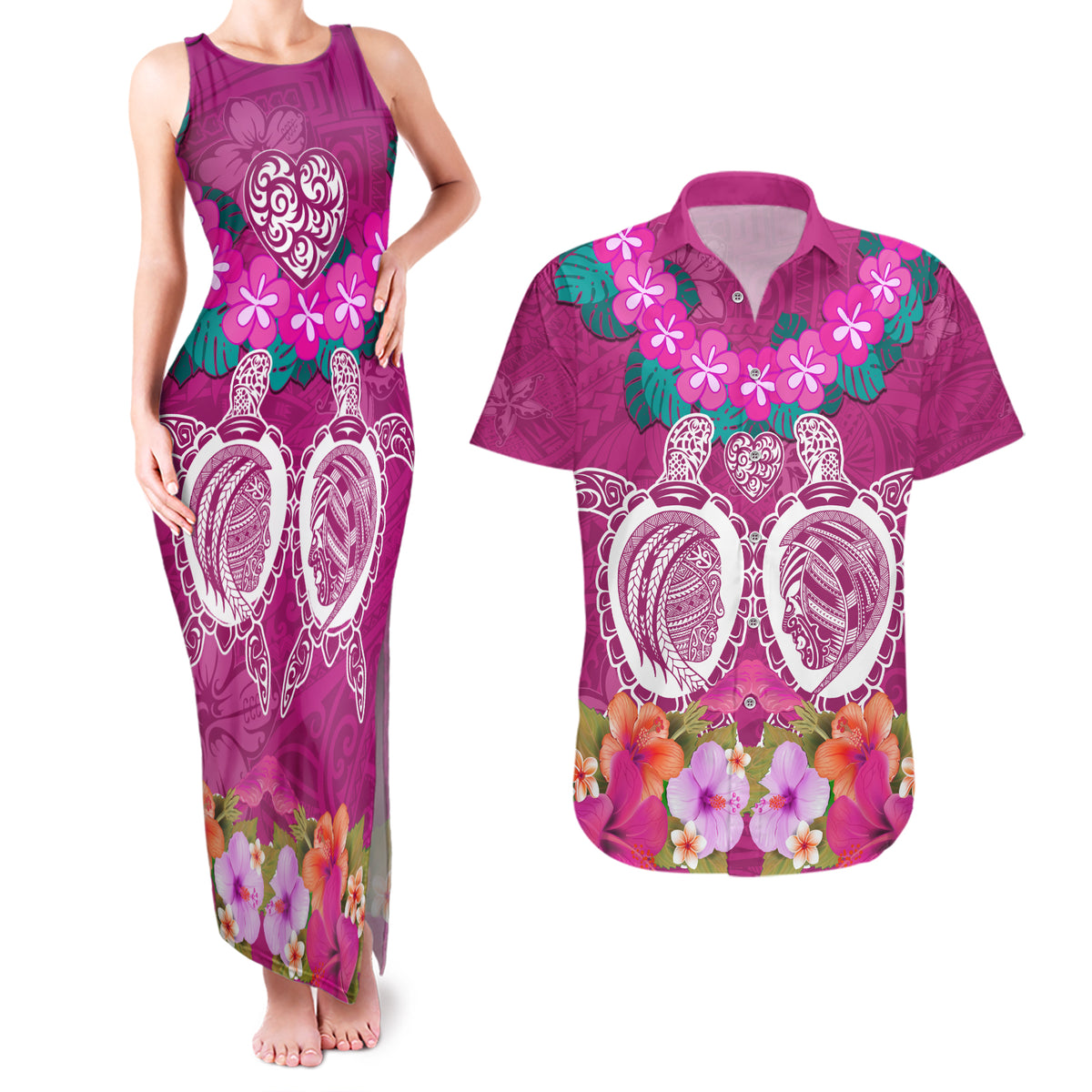Polynesian Valentine Day Couples Matching Tank Maxi Dress and Hawaiian Shirt Love Couple Turtle Maori Hibiscus Pink LT03 Pink - Polynesian Pride