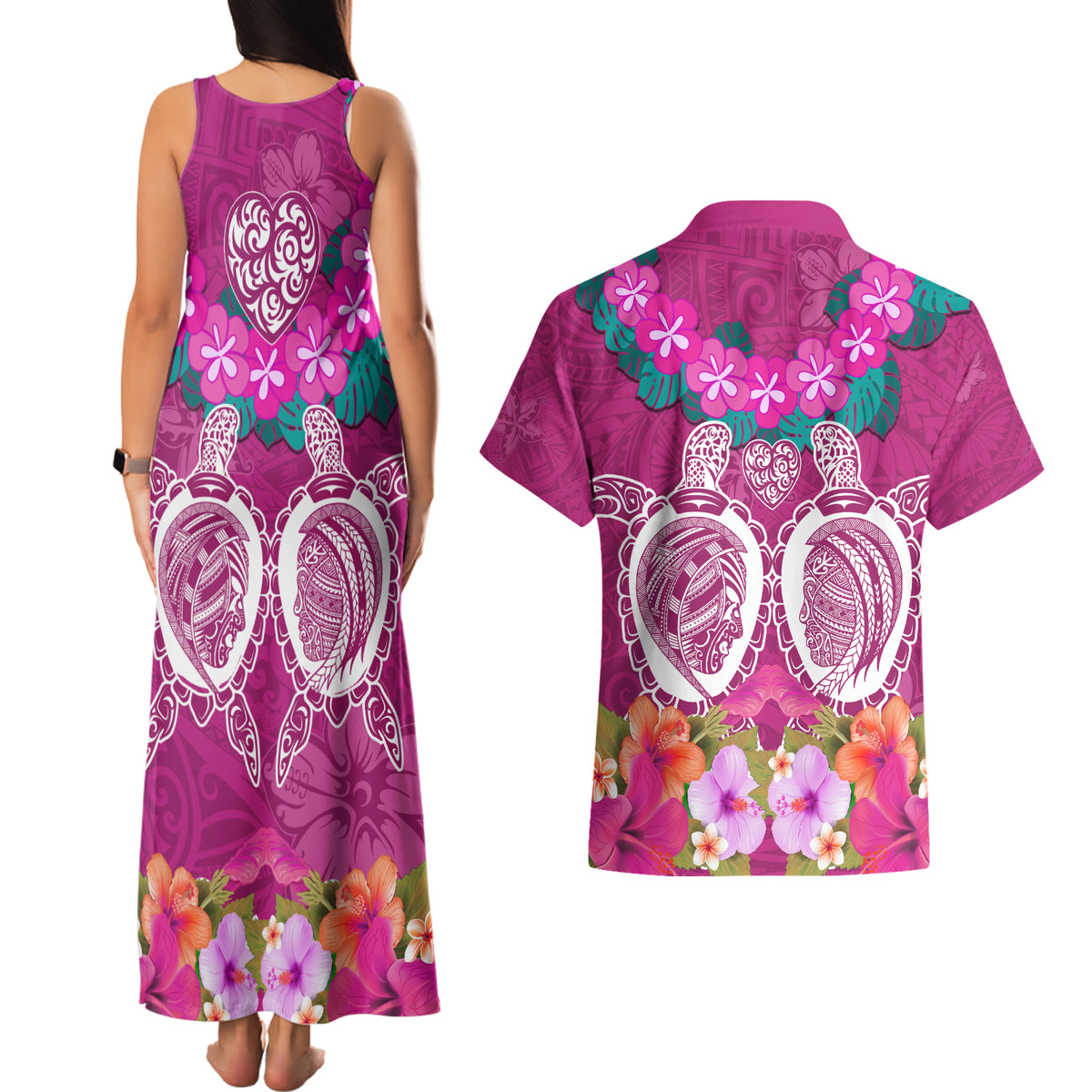 Polynesian Valentine Day Couples Matching Tank Maxi Dress and Hawaiian Shirt Love Couple Turtle Maori Hibiscus Pink LT03 - Polynesian Pride