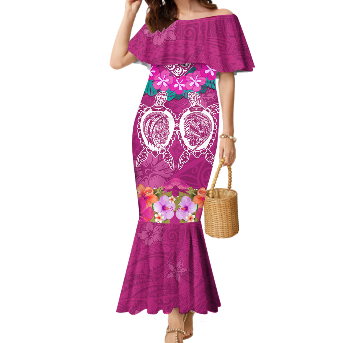 Polynesian Valentine Day Family Matching Mermaid Dress and Hawaiian Shirt Love Couple Turtle Maori Hibiscus Pink LT03 Mom's Dress Pink - Polynesian Pride