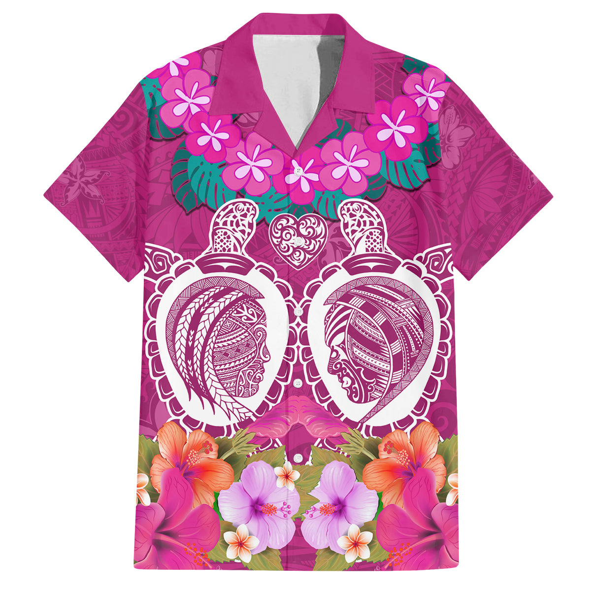 Polynesian Valentine Day Family Matching Summer Maxi Dress and Hawaiian Shirt Love Couple Turtle Maori Hibiscus Pink LT03 Dad's Shirt - Short Sleeve Pink - Polynesian Pride